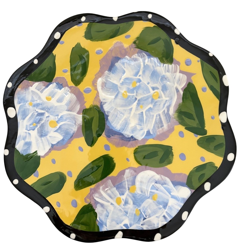 Hand Painted Ceramic Floral Scalloped Plate Blue Hydrangea Yellow Black 11 Inch
